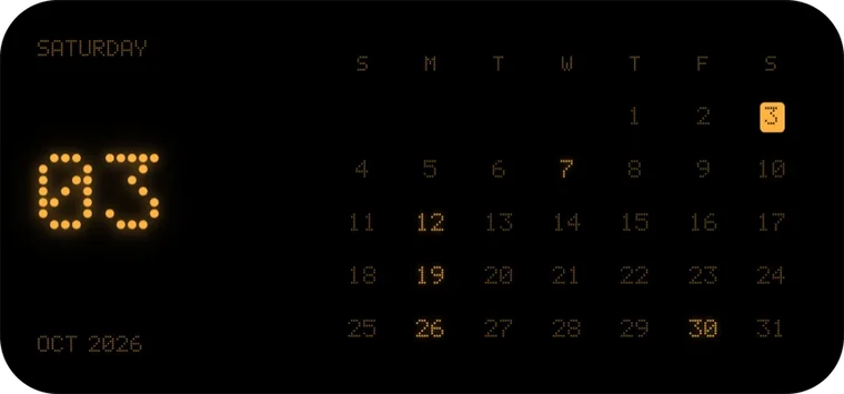 The Month widget: October 2026 as a dot calendar, Saturday the 3rd marked and days with events lit.