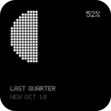 The Moon widget in a white glow: a last quarter moon drawn in dots, 52% lit, new moon on October 10.